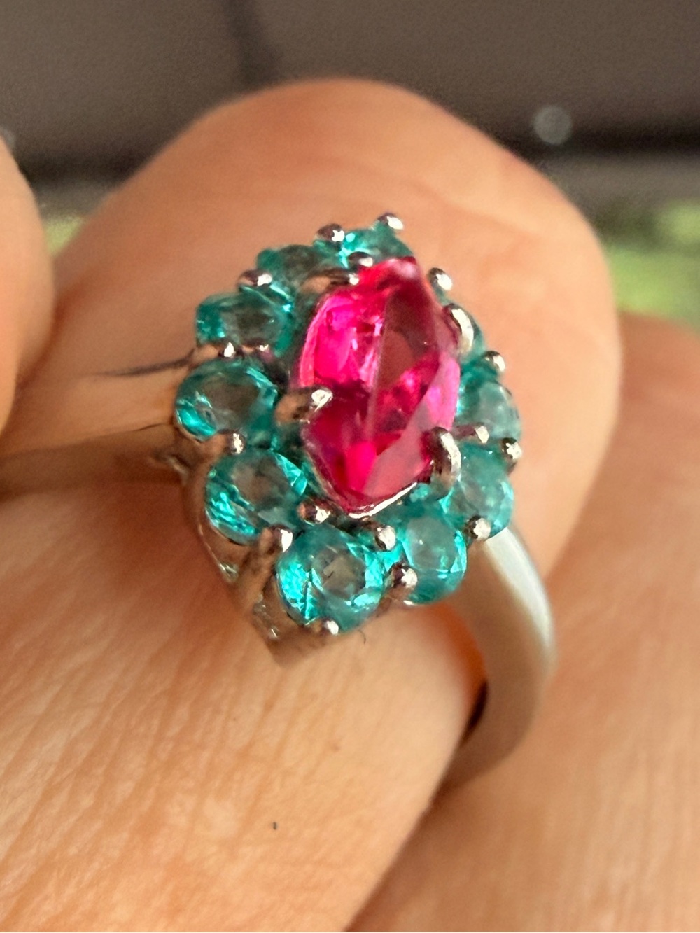 925 Ring with Pink Marquise Topaz Center and PARAIBA Blue Topaz Halo sz7.5